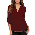 Women's Chiffon V-Neck Business Casual Blouse Work Tops with Cuffed Sleeves